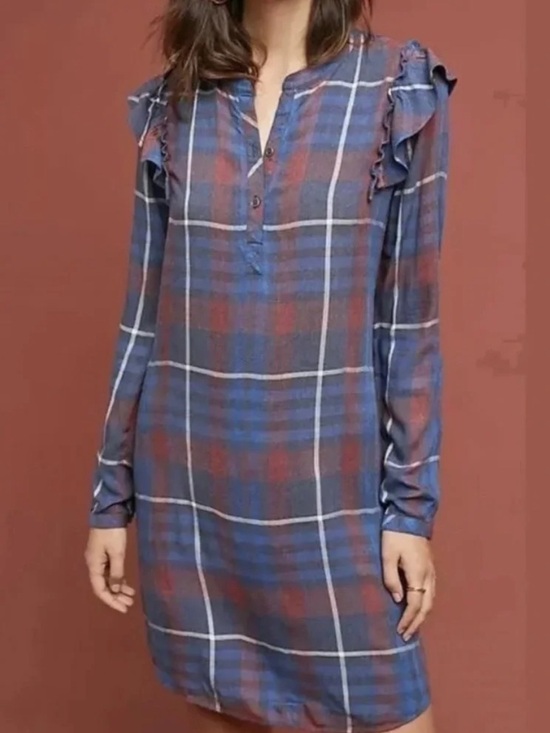 Anthropologie Dresses & Skirts - Anthropologie Cloth & Stone Plaid Flannel Long Sleeve Shirt Dress Size Small